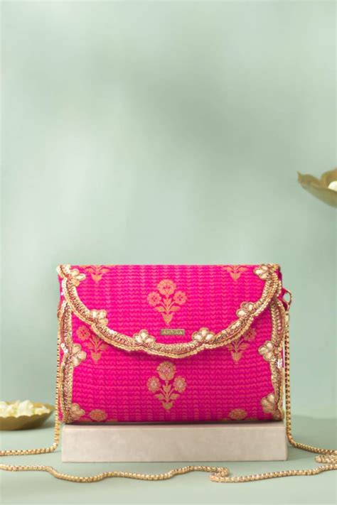 Buy AMYRA Bahaar Pure Silk Flapover Clutch - Pink - The AMYRA Store