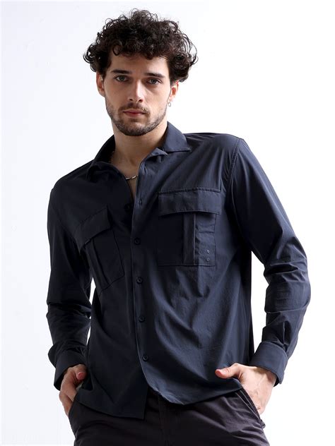 Shop Men's Cuban Collar Cargo Double Pocket Shirt Online | Navy