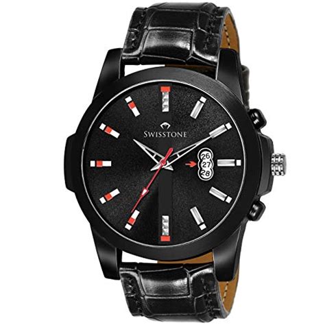 Buy SWISSTONE BK475-BLK Black Leather Strap Analog Wrist Watch for Men ...