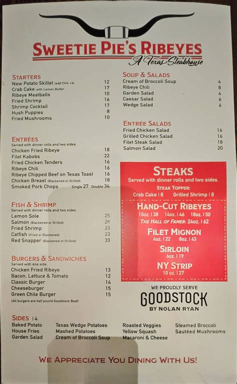 Menu at Sweetie Pie's Ribeyes steakhouse, North Richland Hills