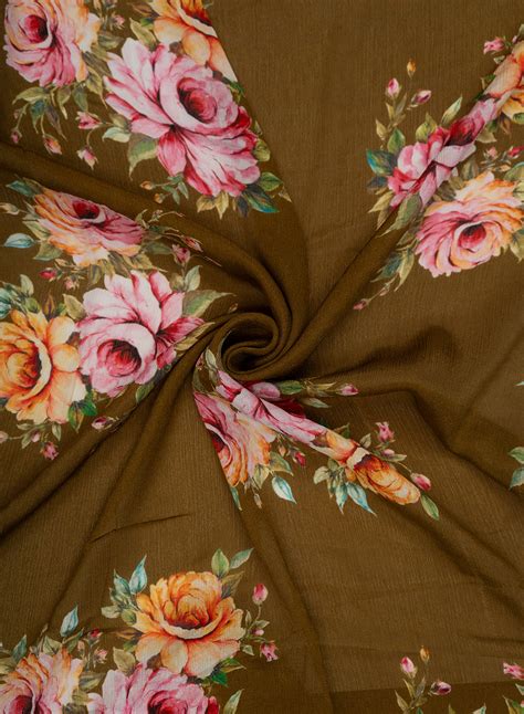 (Pre Cut -3. Meter) Chinnon Chiffon Golden Brown Color Rose Digital Pr ...