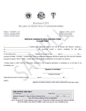 Fillable Online Sample Write-In Candidate Declaration Form - Kansas ...