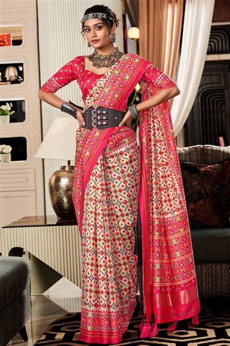 Buy Grain Beige and Pink Printed Patola Saree Online - MySilkLove
