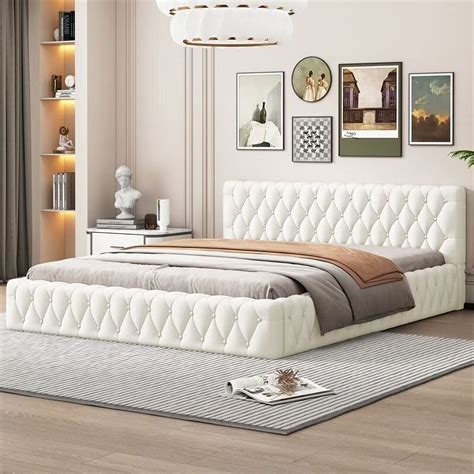 Queen Floor Bed Frame with Luxurious Diamond Grid Headboard, Velvet ...
