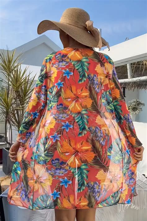 Tropical Print Underwire Bikini Swimsuit With Kimono Orange – The Curvves