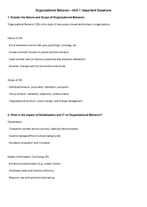 OB Unit 1: Key Questions on Nature, Scope & Global Impact - Studocu