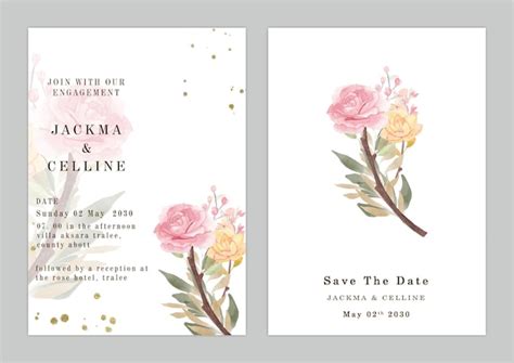 Wedding invitation card template set with white rose bouquet wreath ...