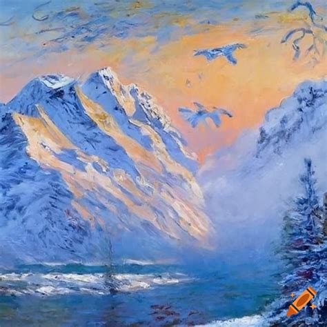 Painting by claude monet of a snowy mountain chain with flying whales ...