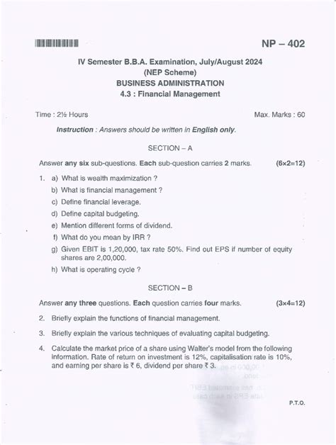 NP 402 IV Sem B.B.A. 2024 Financial Management Exam Paper - Studocu