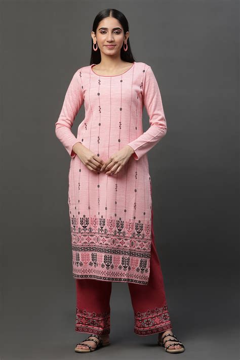 Buy Elleven Women's Peach Floral Printed Winter Kurta and Pants Set ...