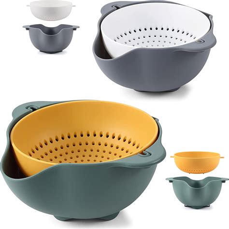 Amazon.co.jp: 二層回転ザル、耐熱パスタストレーナー、食品レベルBPAフリー水切りザル、2セット キッチン水切りボウル 野菜洗い ...