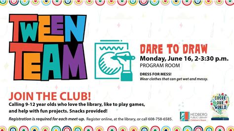 Tween Team (ages 9-12), Hedberg Public Library, Janesville, 16 June ...