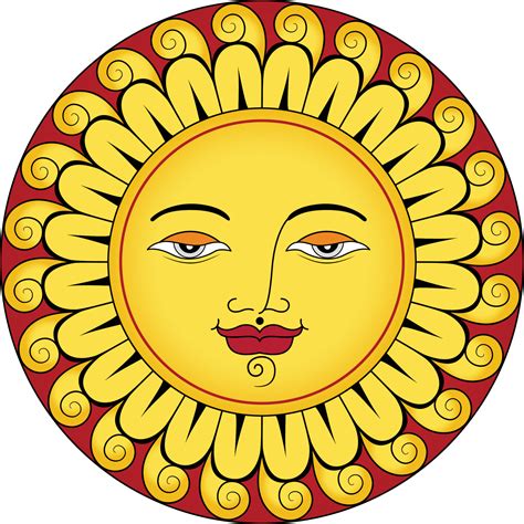 Sun face with flower shaped rays around, calm charm vector sun face ...