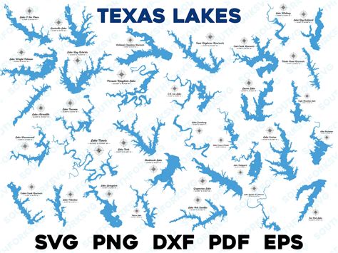33 Texas Lakes Map Mega Bundle With Compass & GPS Coordinates | Svg Png ...