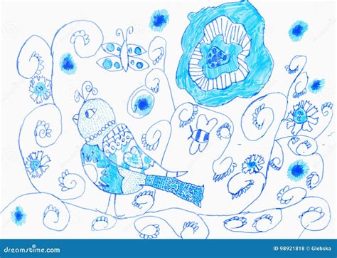 Children`s Drawing. Bird and Pattern in Blue Stock Illustration ...