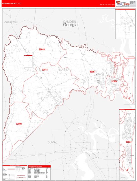 Nassau County, FL Zip Code Wall Map Red Line Style by MarketMAPS - MapSales