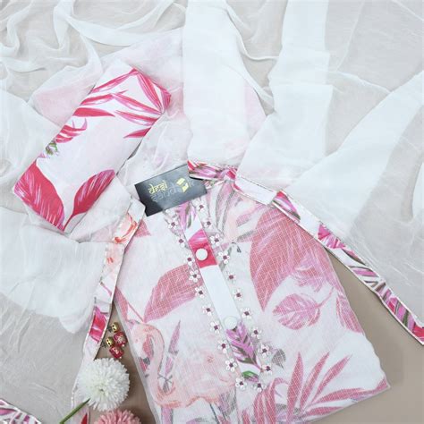 Pearl White with Pink Floral Printed Cotton Lining Top and Chiffon Dup ...