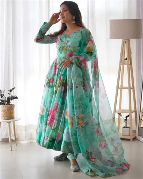 Ready To Wear Sea Green Silk Organza Digital Print Work Anarkali Suit ...