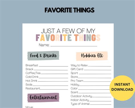 Favorites survey printable questionnaire my favorite things get to know ...