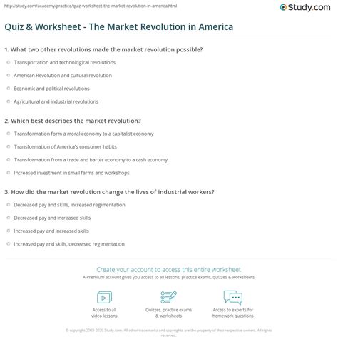 Quiz & Worksheet - The Market Revolution in America | Study.com
