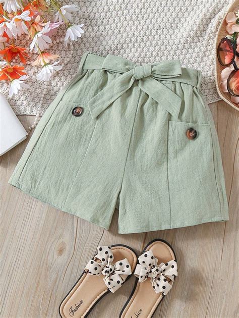 Girls Button Detail Pocket Patched Belted Shorts | SHEIN USA