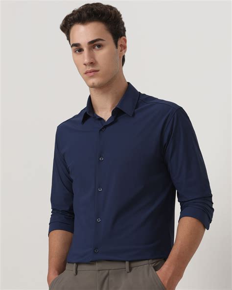 Navy Stretch Plain Slim Fit Casual Shirt