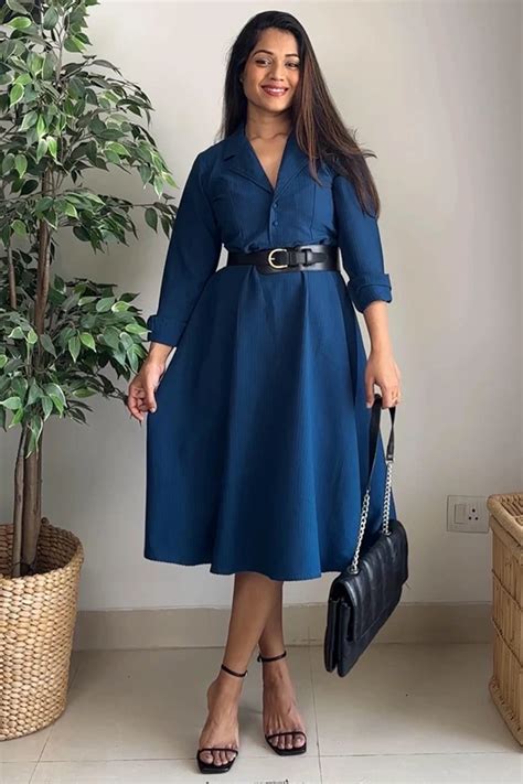Buy a teal lapel collar dress for women online at Zlaata
