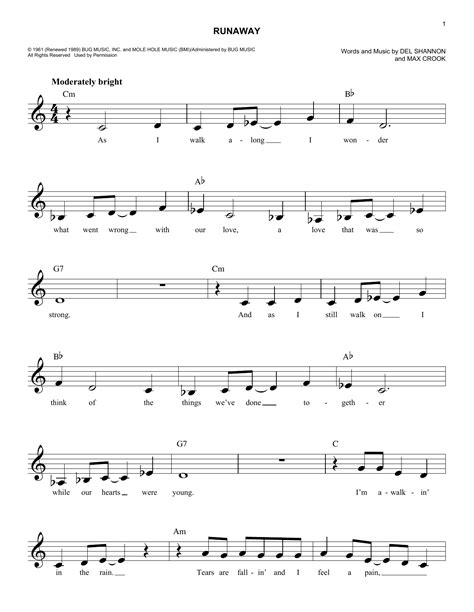 Runaway by Del Shannon Sheet Music for Easy Lead Sheet / Fake Book at ...