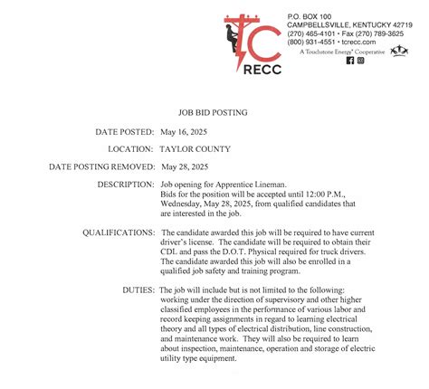 Apprentice Lineman Position | Taylor County RECC