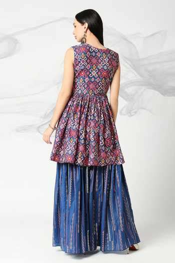Buy Blue Muslin Silk Printed Patola Stripe Peplum Kurta And Sharara Set ...