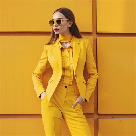 Arafed woman in yellow suit and sunglasses leaning against a yellow ...