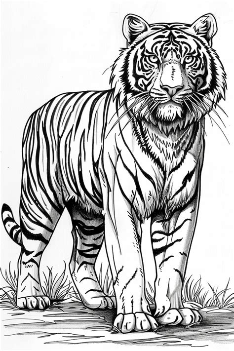 Proud tiger coloring page with bold stripes black and white line art ...