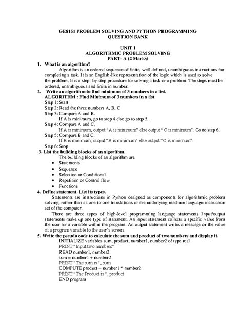 GE3151 TWO Amrks - QUESTION AND ANSWERS - GE8151 PROBLEM SOLVING AND ...