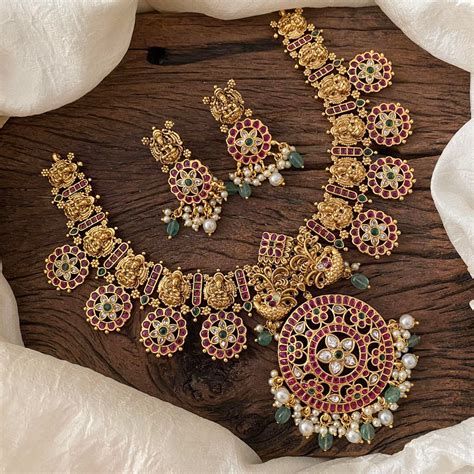 Premium Kemp Stone Pendant Short Lakshmi Haram-Beads and Pearls-G12487 ...