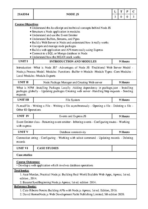 Node JS syllabus of cyber security - 21AID14 NODE JS L T P C 3 0 0 3 ...