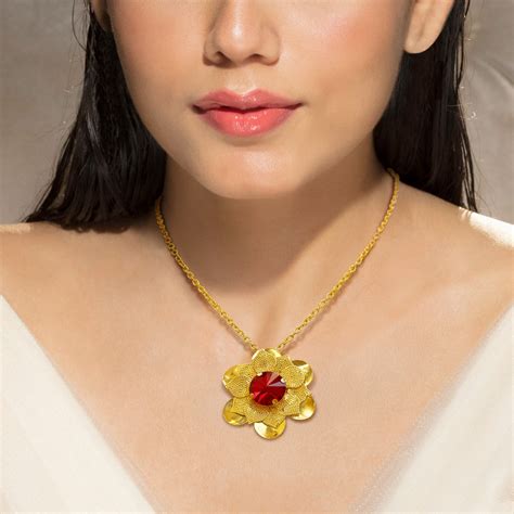 PRAO Necklace Anti-Tarnish Ruby Flower