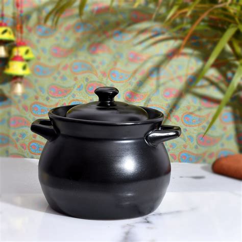 Buy E - Ezra Black Ceramic Cooking Pot with Lid Earthen Cooking Pot ...
