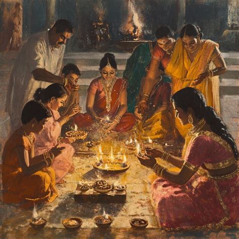 A family gathered around a diwali puja altar performing rituals and ...
