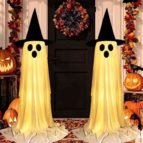 Amazon.com: 2PCS Ghost Halloween Decorations with String Lights/Witch ...