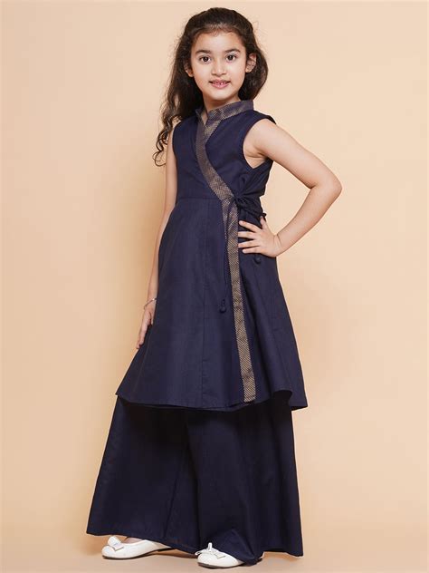 Shop Bitiya by Bhama Girls Navy Blue Angrakha Kurta with Palazzos Online
