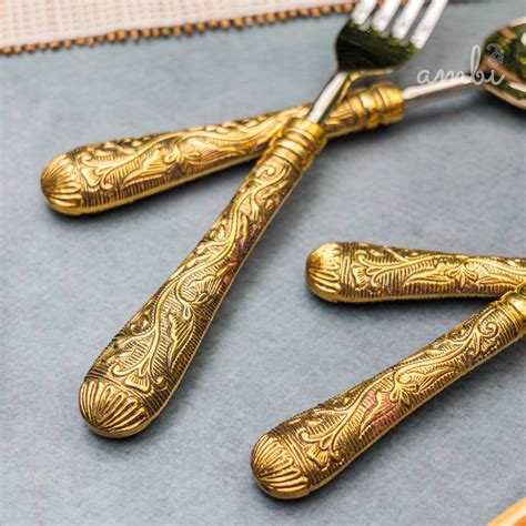 Handcrafted Heavy Steel Silver Cutlery Set of 5 - Golden Etched Handle