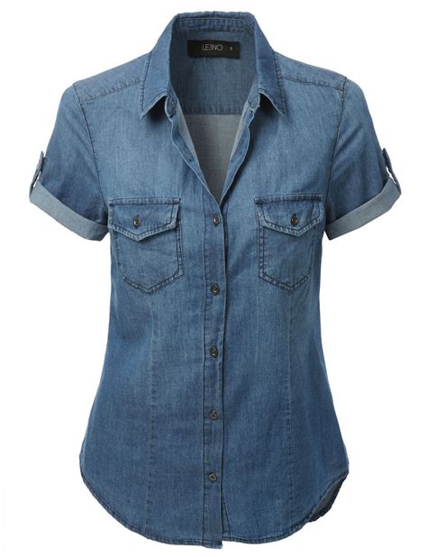 LE3NO Womens Cuffed Short Sleeve Chambray Denim Shirt | Womens chambray ...