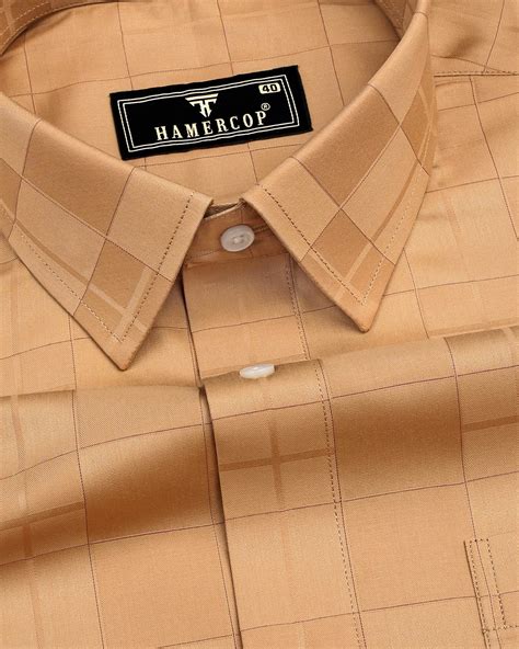 Tan Brown Dobby Check Giza Cotton Formal Shirt | Hamercop