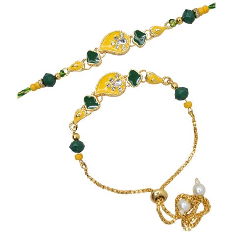 Meira Jewellery Meenakari Kundan Yellow & Green Leaf Design Bhaiya ...