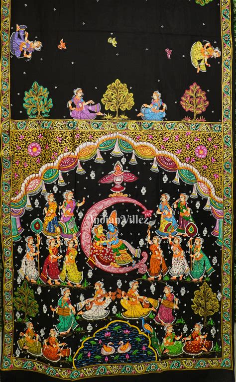 Black Ardha Chandra Krishna Rasa Leela Hand-Painted Pattachitra Silk S ...