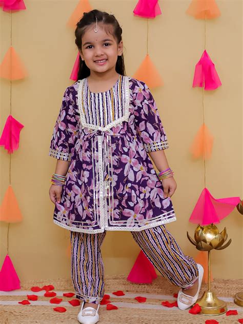 Purple 3/4th Sleeves Floral Print Cotton Girls Suit Set For Girls – AJ ...