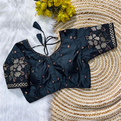 Navy Blue Soft Silk Blouse with Beautiful Embroidery and Seq