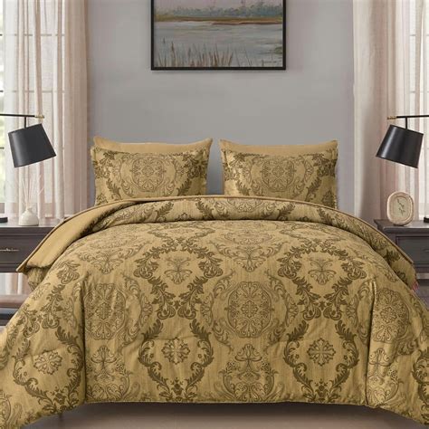 Amazon.com: WONGS BEDDING Gold Comforter Set Queen Size, Damask Texture ...