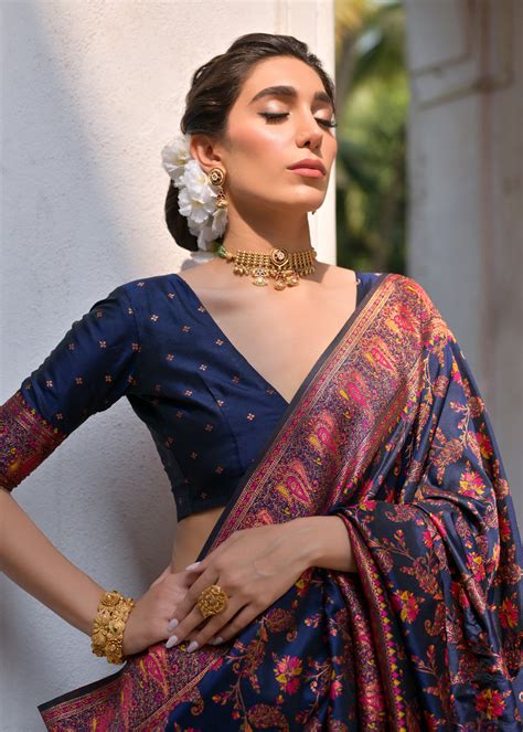 Midnight Blue Woven Kashmiri Jamewar Silk Saree – Zari Banaras