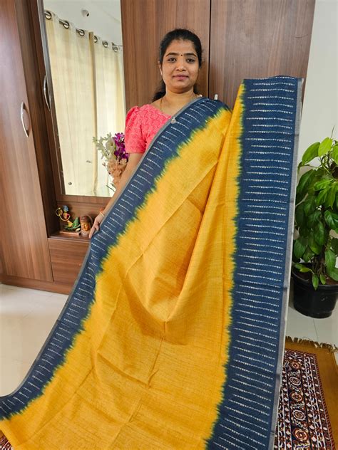 Semi Ghicha Shibori Printed Saree - Mango Yellow with Dark Grey – Looms ...